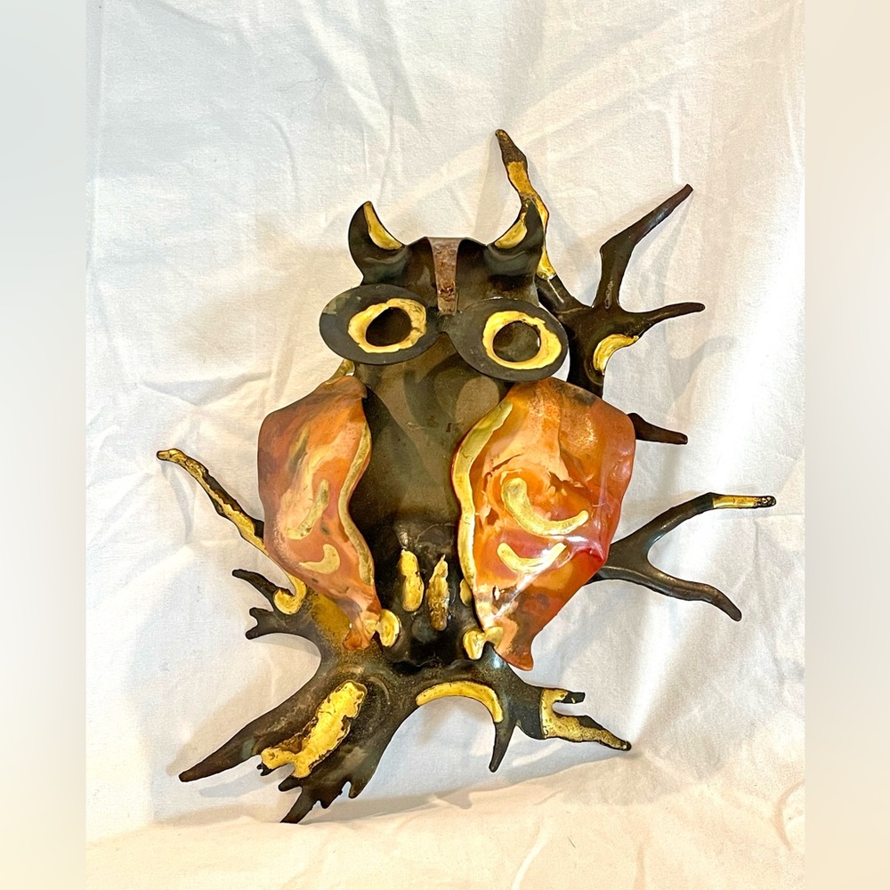 Metal Owl Brutalist Wall Sculpture Vintage Art 9 Inch Handmade